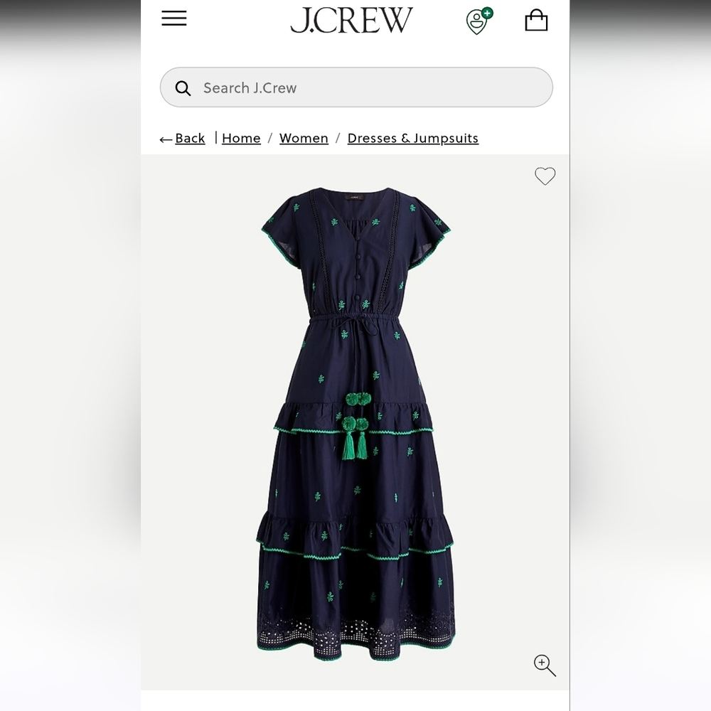 J Crew Embroidered Navy Dress with Green Accents